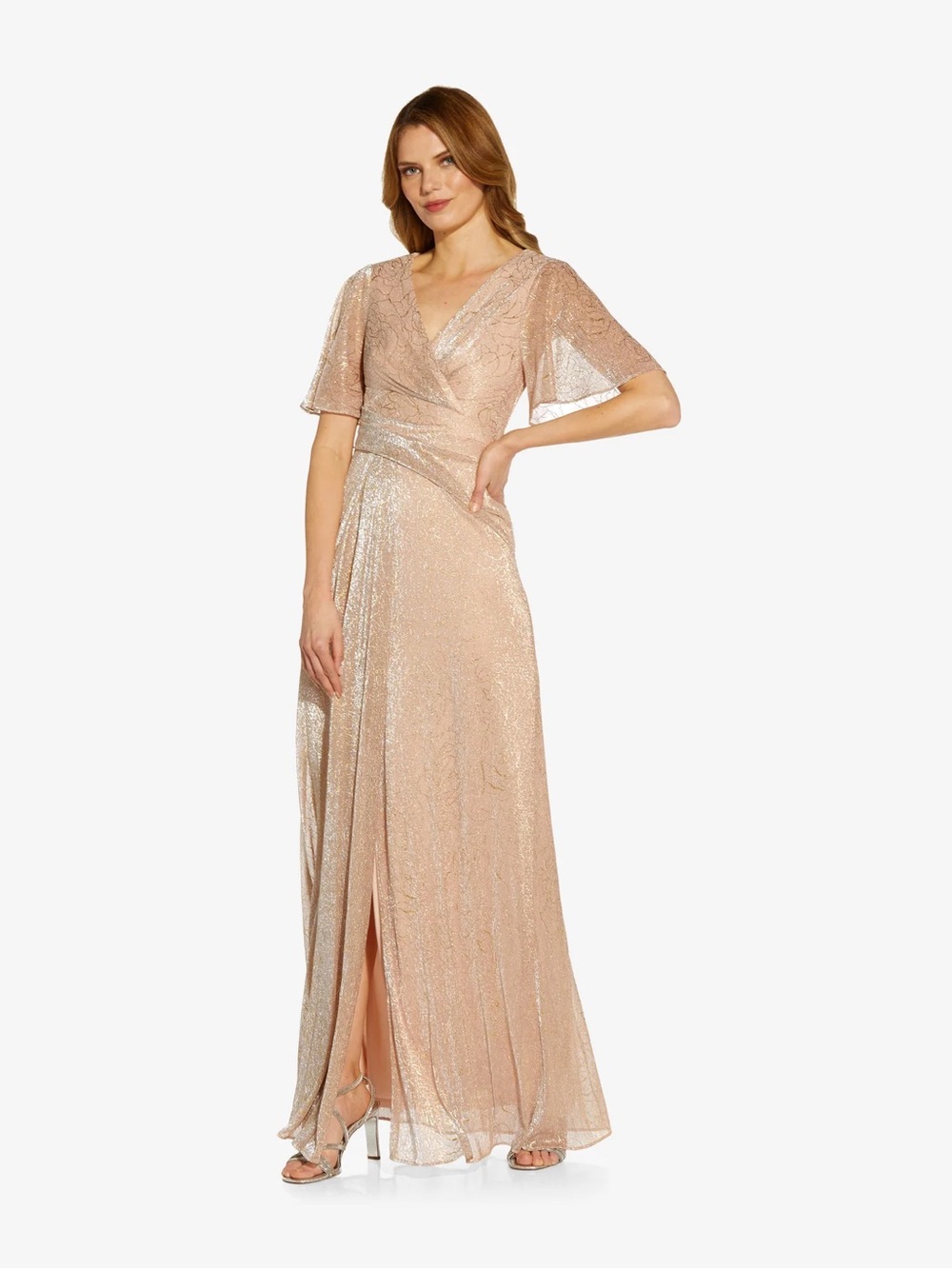 Adrianna‎ Papell Metallic Faux Wrap Gown Blush Pink Gold Flutter Sleeve Formal 6